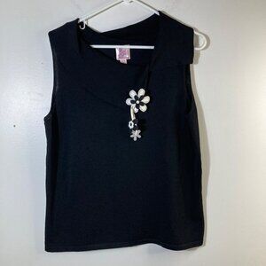 Womens‎ Vintage Pink Poodle Collared Top Shell Attached Flowers XL Black White